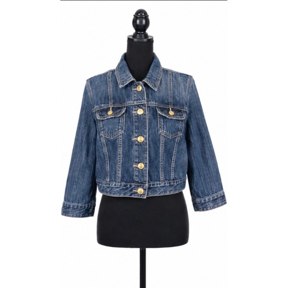 American Eagle Denim Jacket Womens Sz L Blue EUC Cropped Cinch Back Gold Button